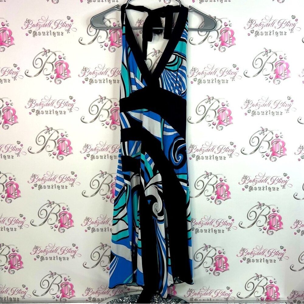 Dress swirls halter style color block Elegant Blue and Black Patterned Dress